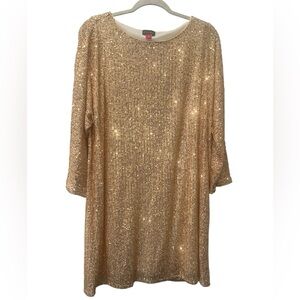 Vince Camuto All Over Sequin Gold Shift‎ Dress Stretch Size Large